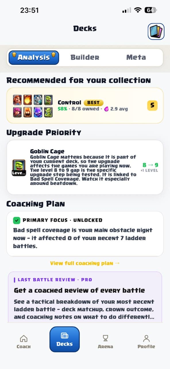 RoyaleCoach AI coaching recommendations with card upgrades and deck fixes