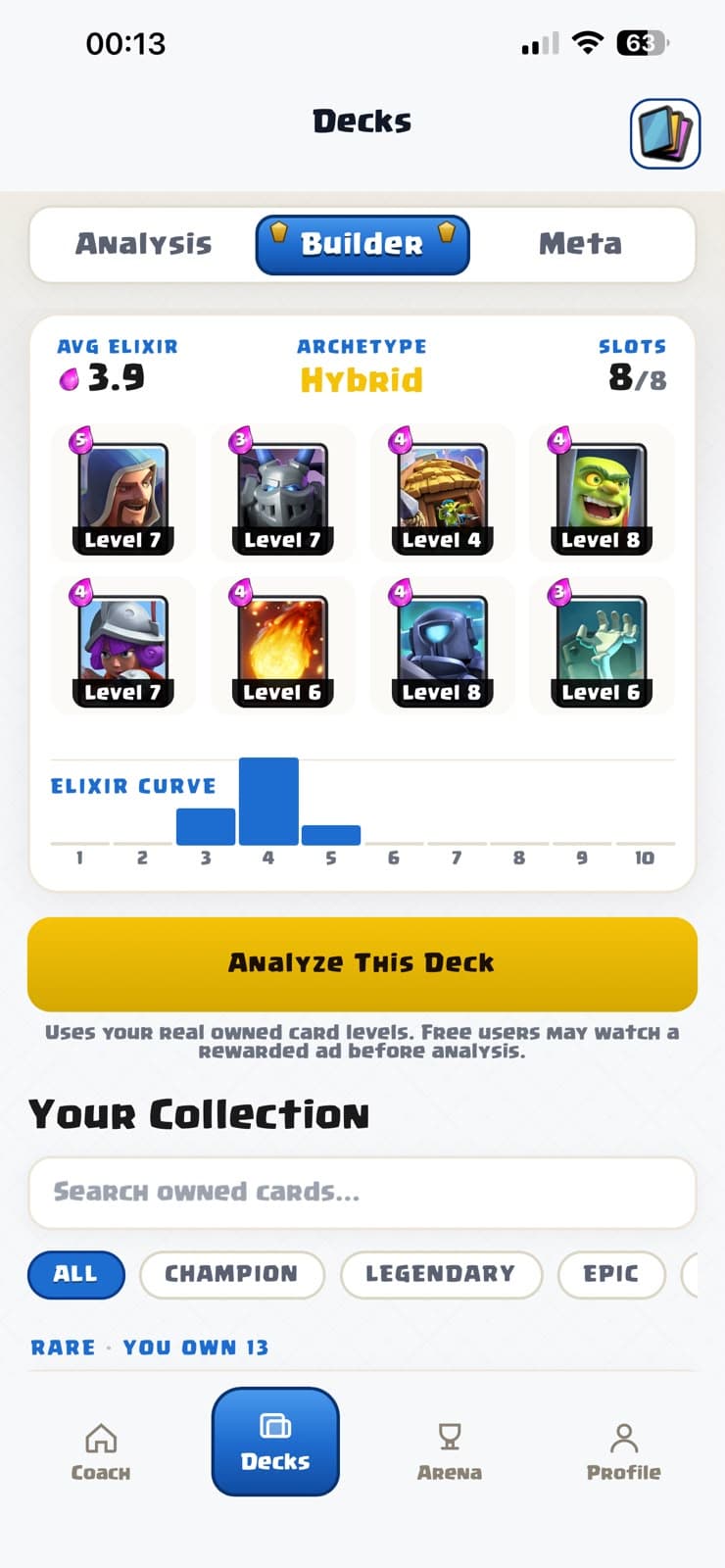 RoyaleCoach AI deck builder showing a personalized eight-card deck