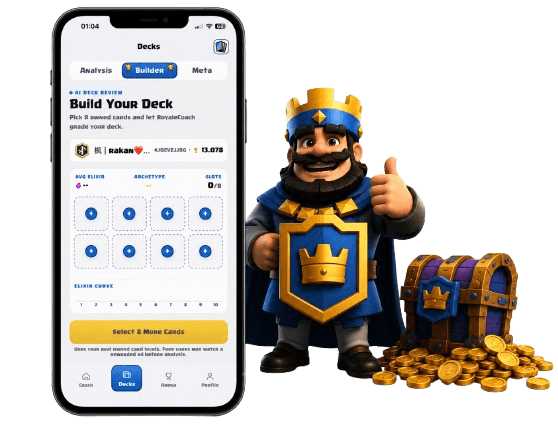 RoyaleCoach AI deck builder preview with recommended Clash Royale cards