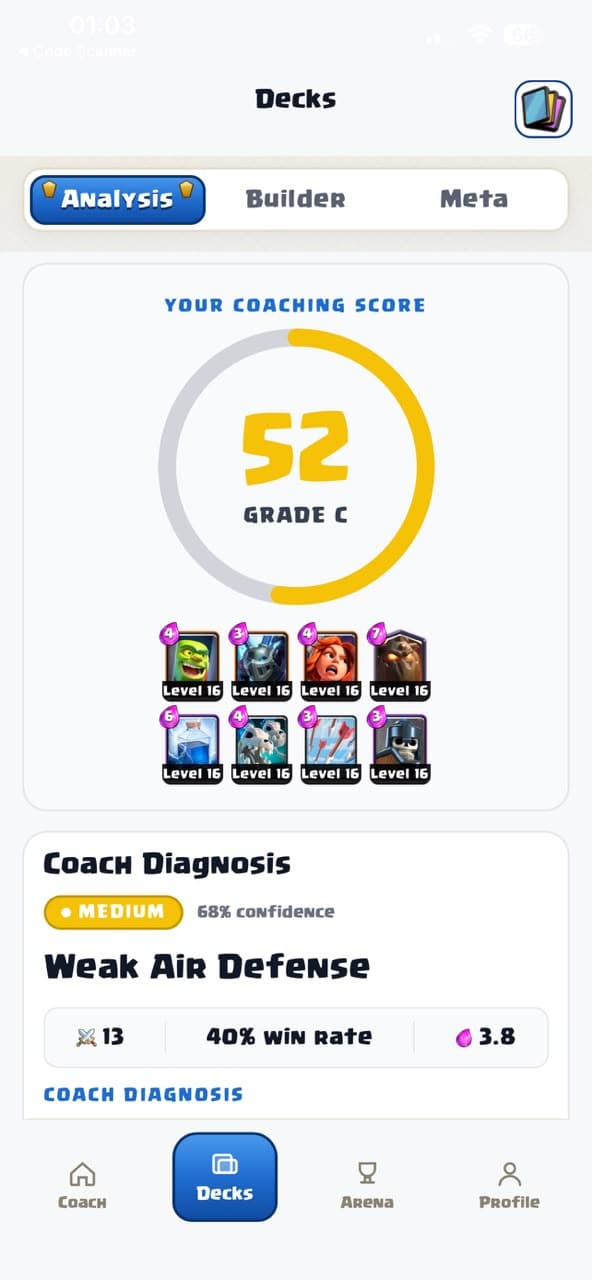 RoyaleCoach AI deck analysis results with deck score and coaching feedback
