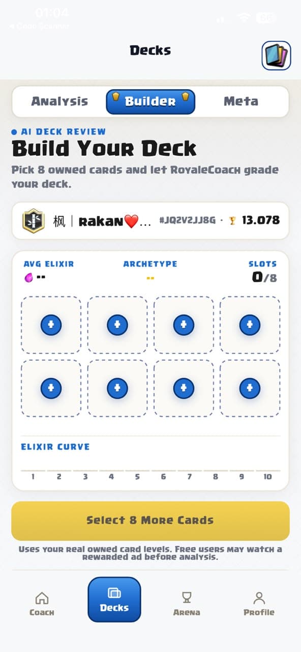 RoyaleCoach AI deck builder with a recommended Clash Royale card lineup