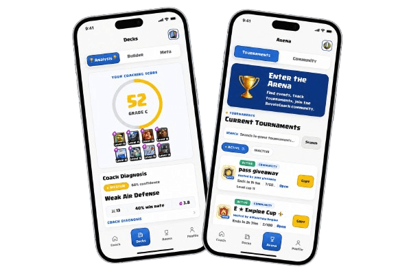 RoyaleCoach AI coaching app screens on iPhone and Android phones