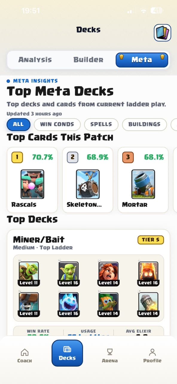 RoyaleCoach AI meta decks screen with win rates and deck details