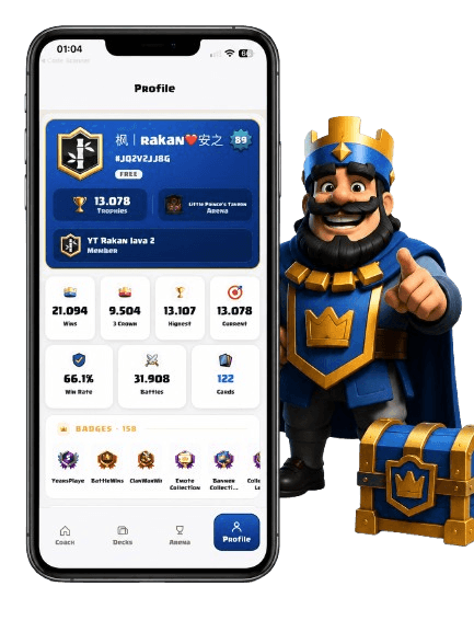 RoyaleCoach AI player profile with trophies, battle statistics, and card levels