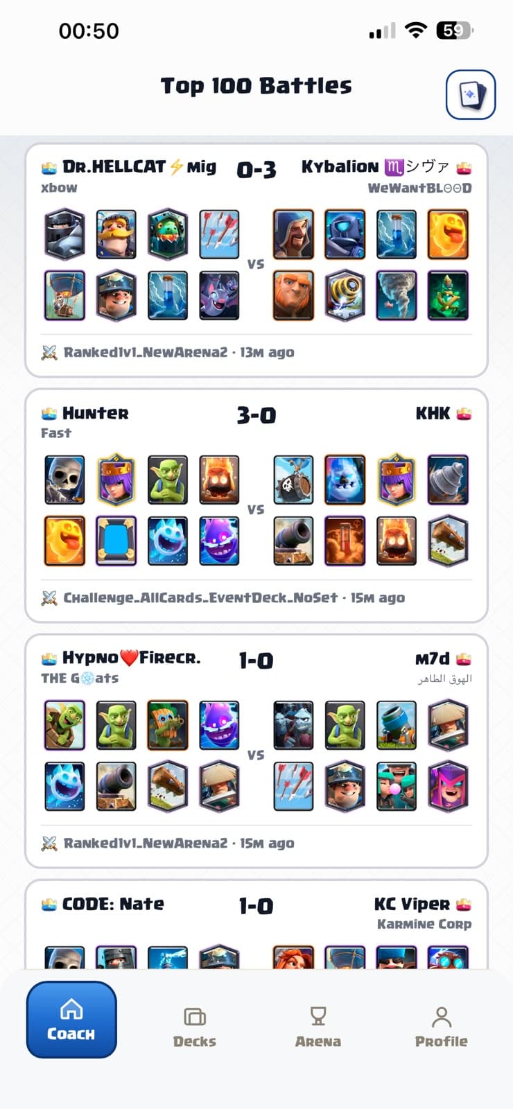 RoyaleCoach AI Top 100 battle rankings with high-level matchup results