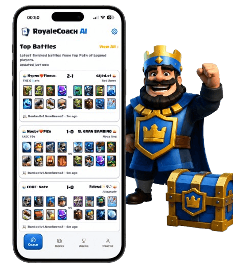 RoyaleCoach AI top battles feed with player matchup results